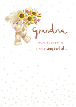 Grandma Mothers Day Card - Cute Teddy Holding Sunflowers