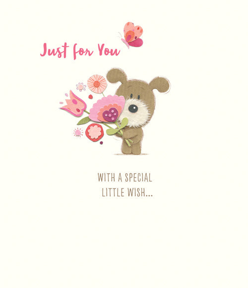 General Mothers Day Card - Just For You / Cute Dog Holding Bouquet