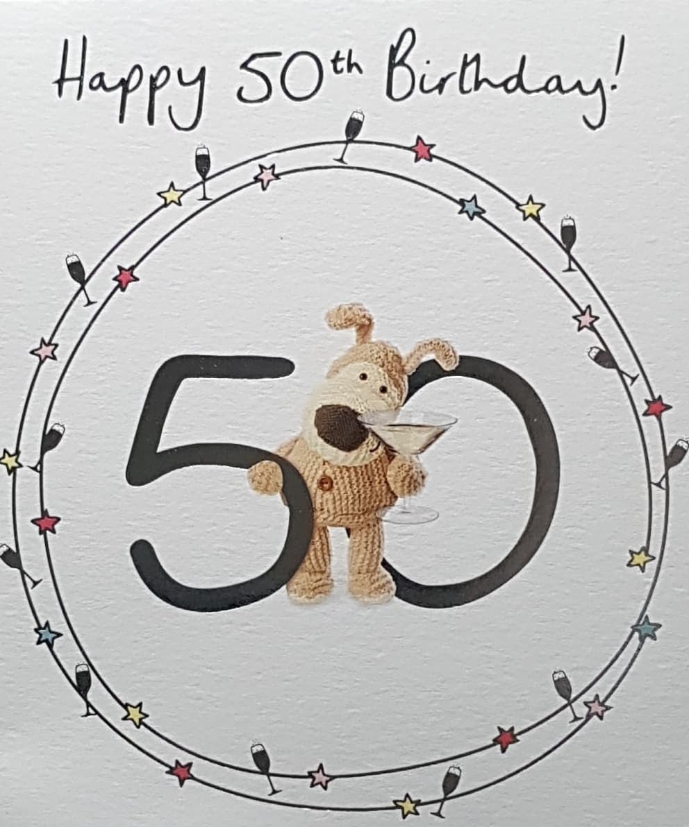 Age 50 Birthday Card - A Cute Dog Holding A Glass Of Champagne & Stars