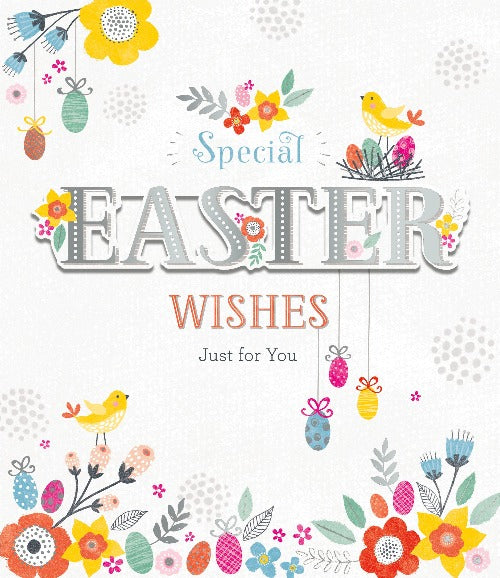 Easter Card - Easter Wishes / Yellow Birds & Colourful Flowers