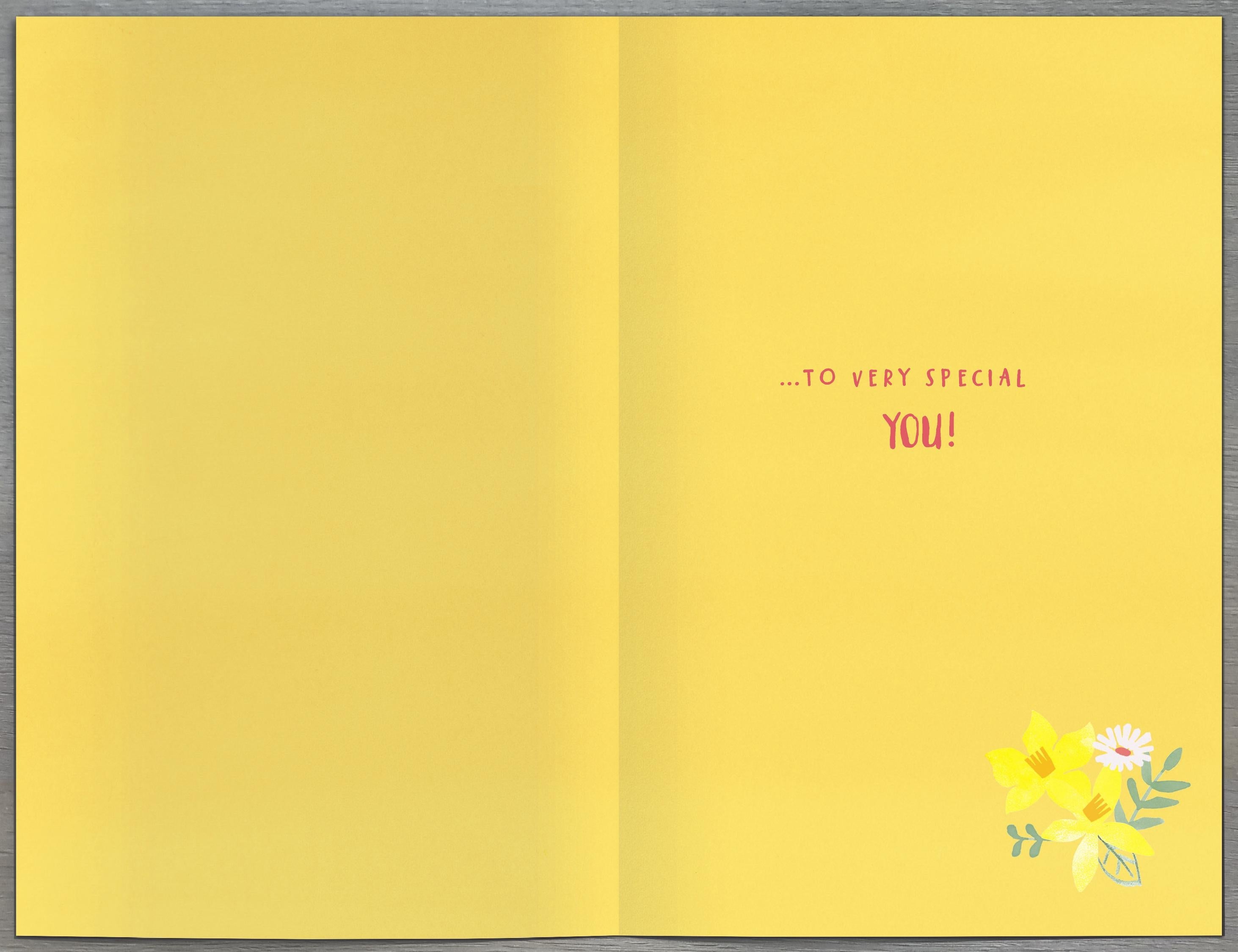 Easter Card - Fluffy Teddy Bear Holding Bunch of Yellow Flowers