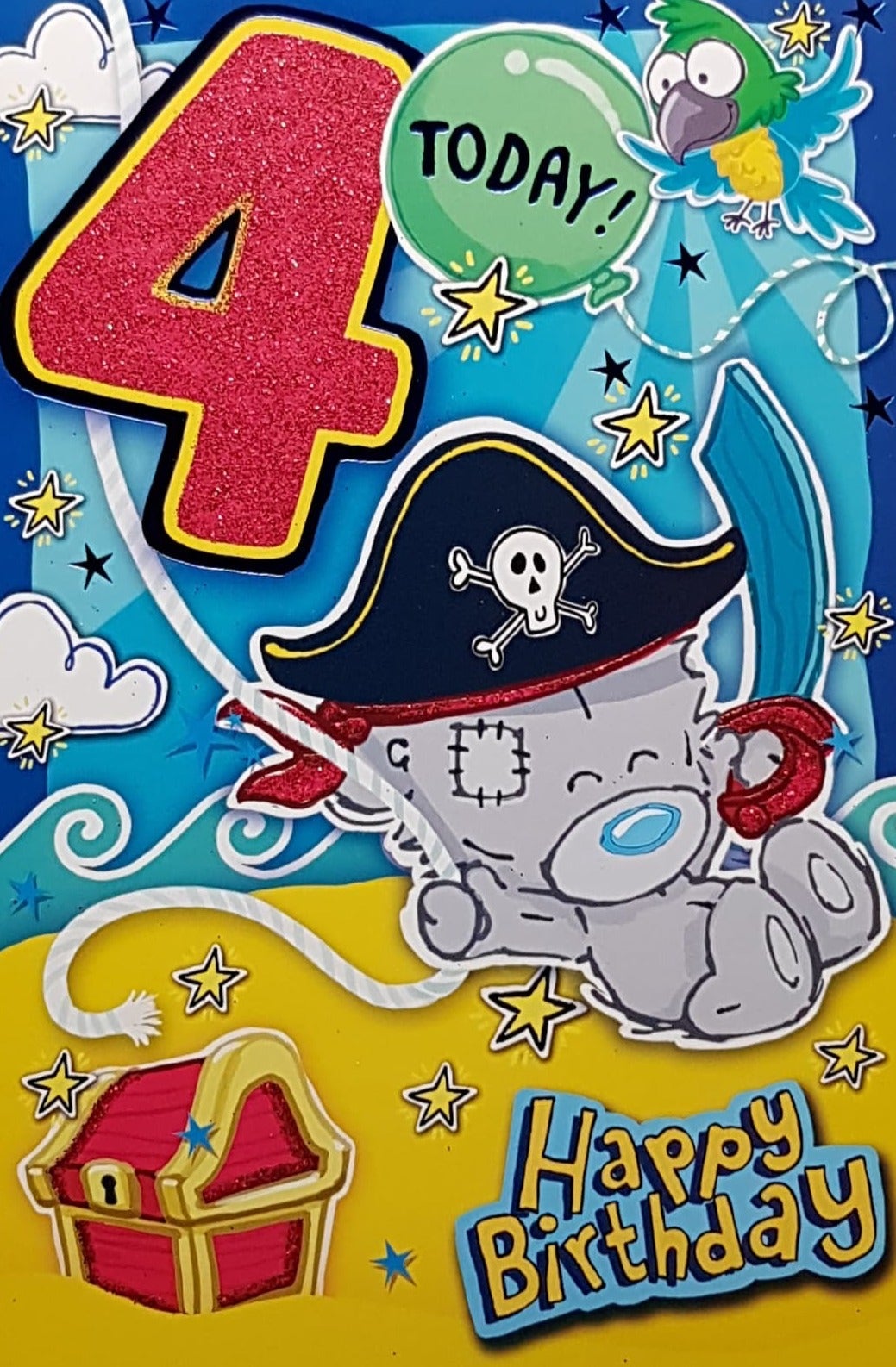 Age 4 Birthday Card - Pirate Teddy On Island With A Treasure Chest