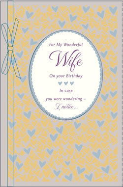 Birthday Card - Wife / Gold & Silver Heart Pattern & Cream Bow