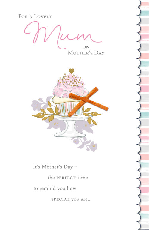 Mum Mothers Day Card - Cupcake With Pink Icing & Ribbon