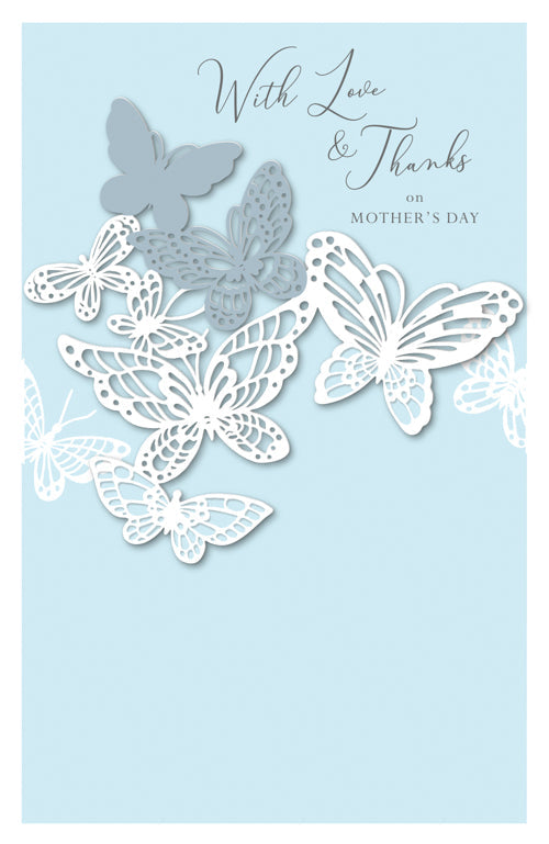 General Mothers Day Card - White & Shiny Butterflies / With Love & Thanks