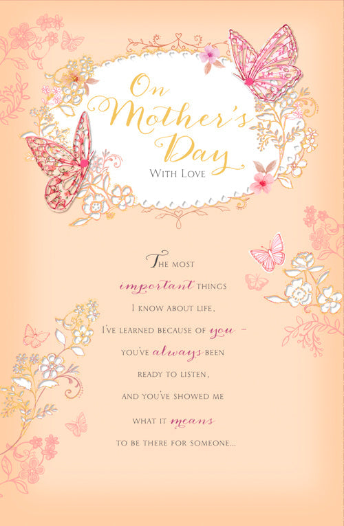 Mum Mothers Day Card - Pink Butterflies & White FLowers