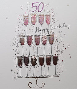 Age 50 Birthday Card - A Stack Of Champagne Glasses Different Shades