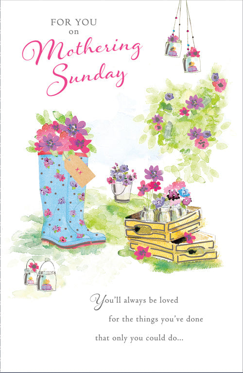 General Mothering Sunday Card - Blue Wellies with Pink Flowers