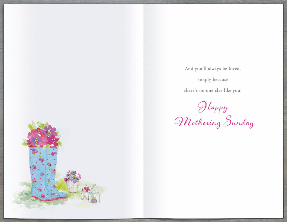 General Mothering Sunday Card - Blue Wellies with Pink Flowers