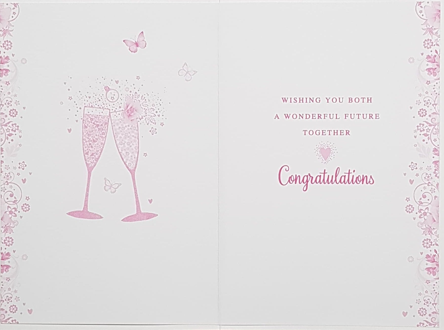 Engagement Card - Two Glasses Of Pink Champagne & Pink Flowers & Butterflies