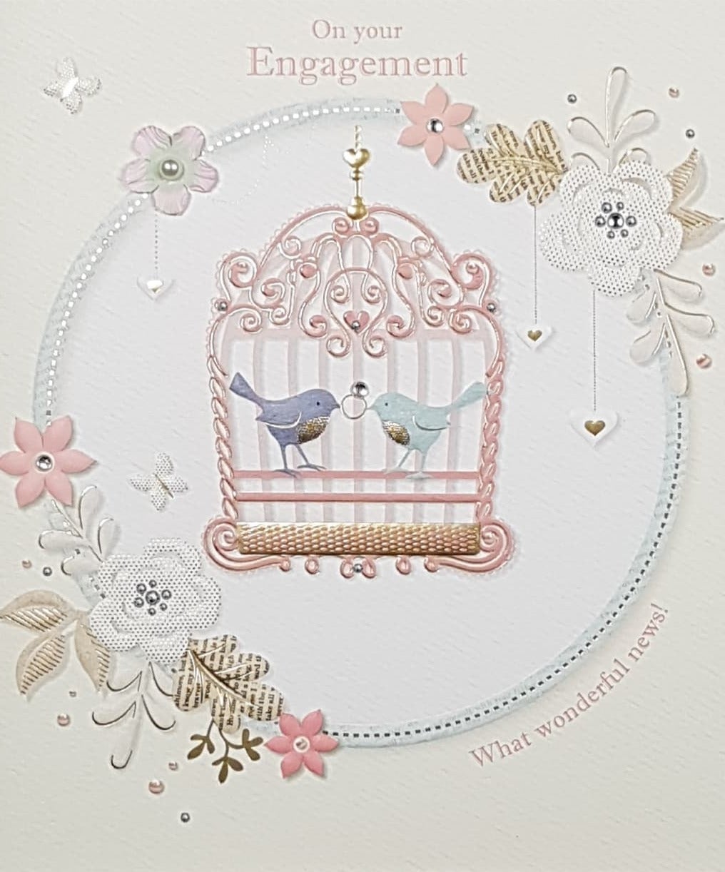 Engagement Card - Two Love Birds Holding Engagement Ring In A Pink Cage