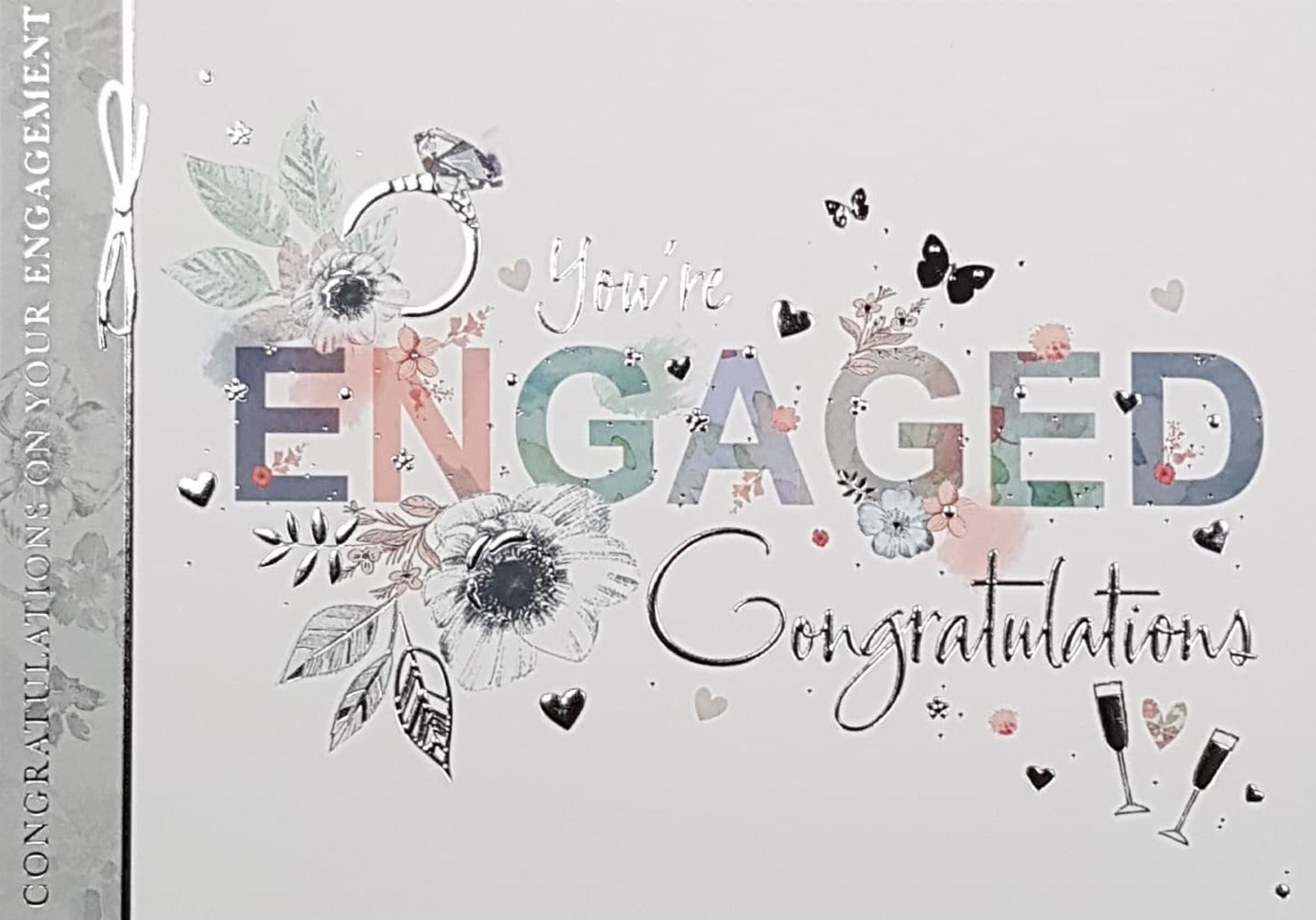 Engagement Card - Silver Engagement Ring & Floral Decoration On Font