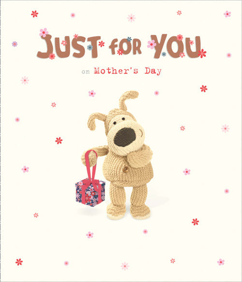 Mothers Day Card - Just For You / Teddy Dog Holding Wrapped Gift