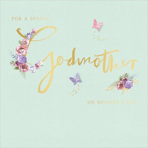 Godmother Mothers Day Card - Gold Font / Purple & Pink Flowers