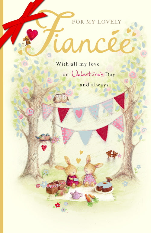 Fiancee Valentines Day Card - Bunnies Picnic Baby Birds