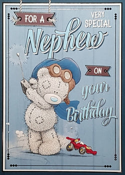 Birthday Card - Nephew / Teddy Bear Playing With A Remote Control Car