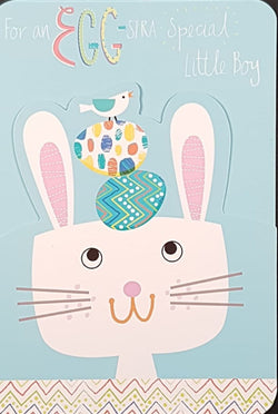 Easter Card - Little Boy / A Bird & Painted Eggs Balancing On A Rabbit's Head