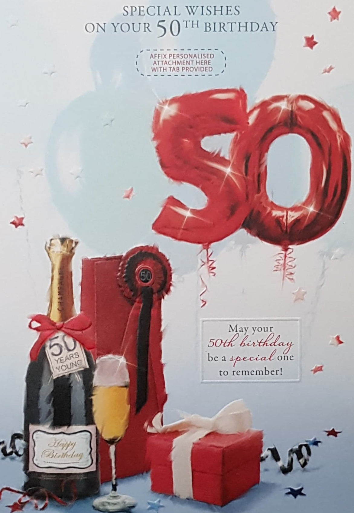 Personalised Card - Age 50 Birthday / A Red 50 Balloon, Champagne & A Gift Box