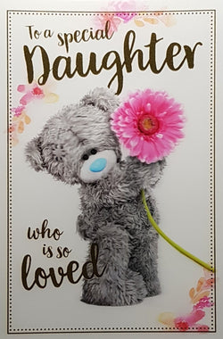 Birthday Card - Daughter / Fluffy Teddy Bear Holding Up A Pink Flower (3D Card)