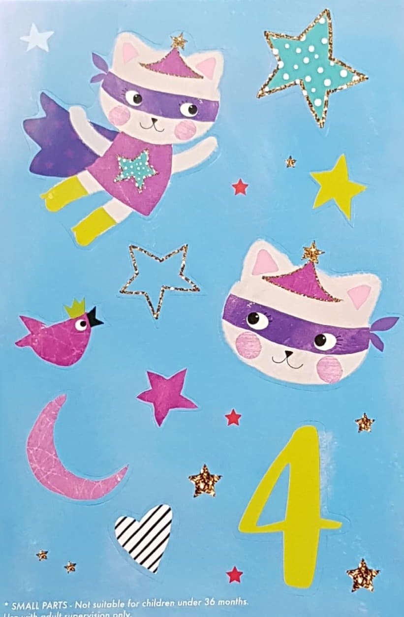 Age 4 Birthday Card - A Super Hero White Kitten With A Purple Cape ( With Stickers)