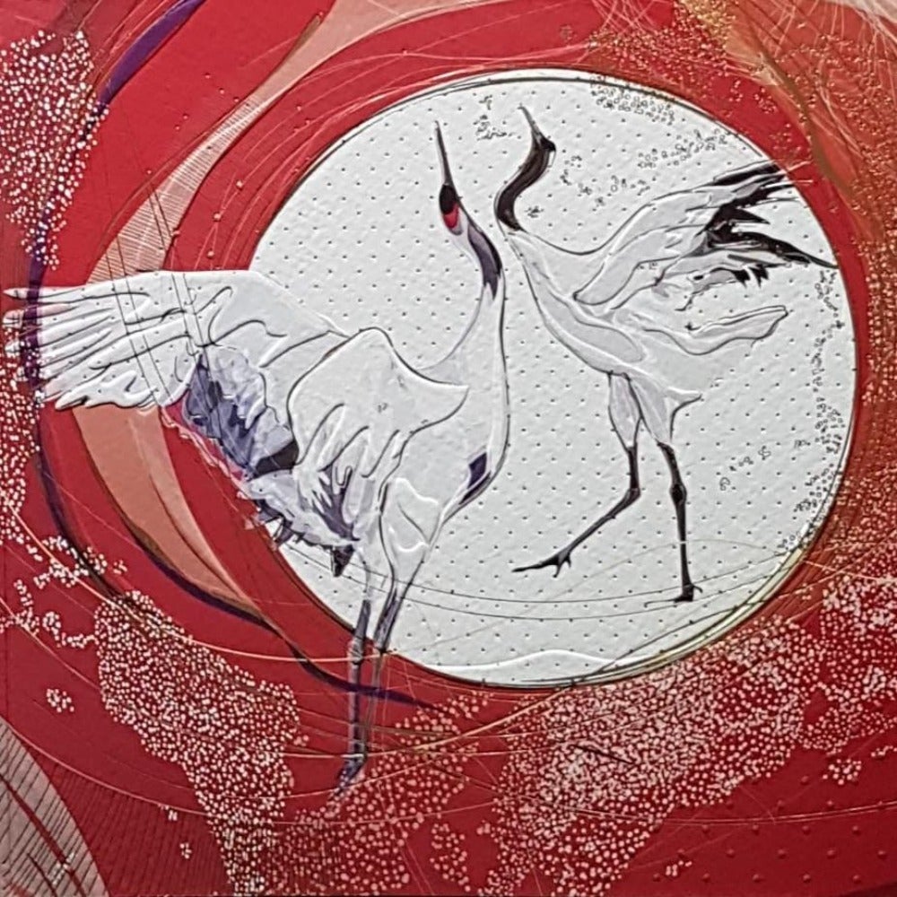 Blank Card - Two Cranes On Red & White Artistic Background