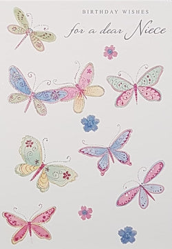 Birthday Card - Niece / Pink Butterflies & Blue Flowers