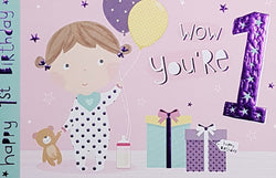 Age 1 Birthday Card - A Little Girl Holding A Teddy & Yellow & Purple Balloons