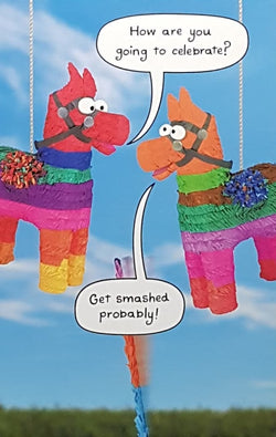 Birthday Card - Humour / Two Colourful Horses Talking & Light Blue Front