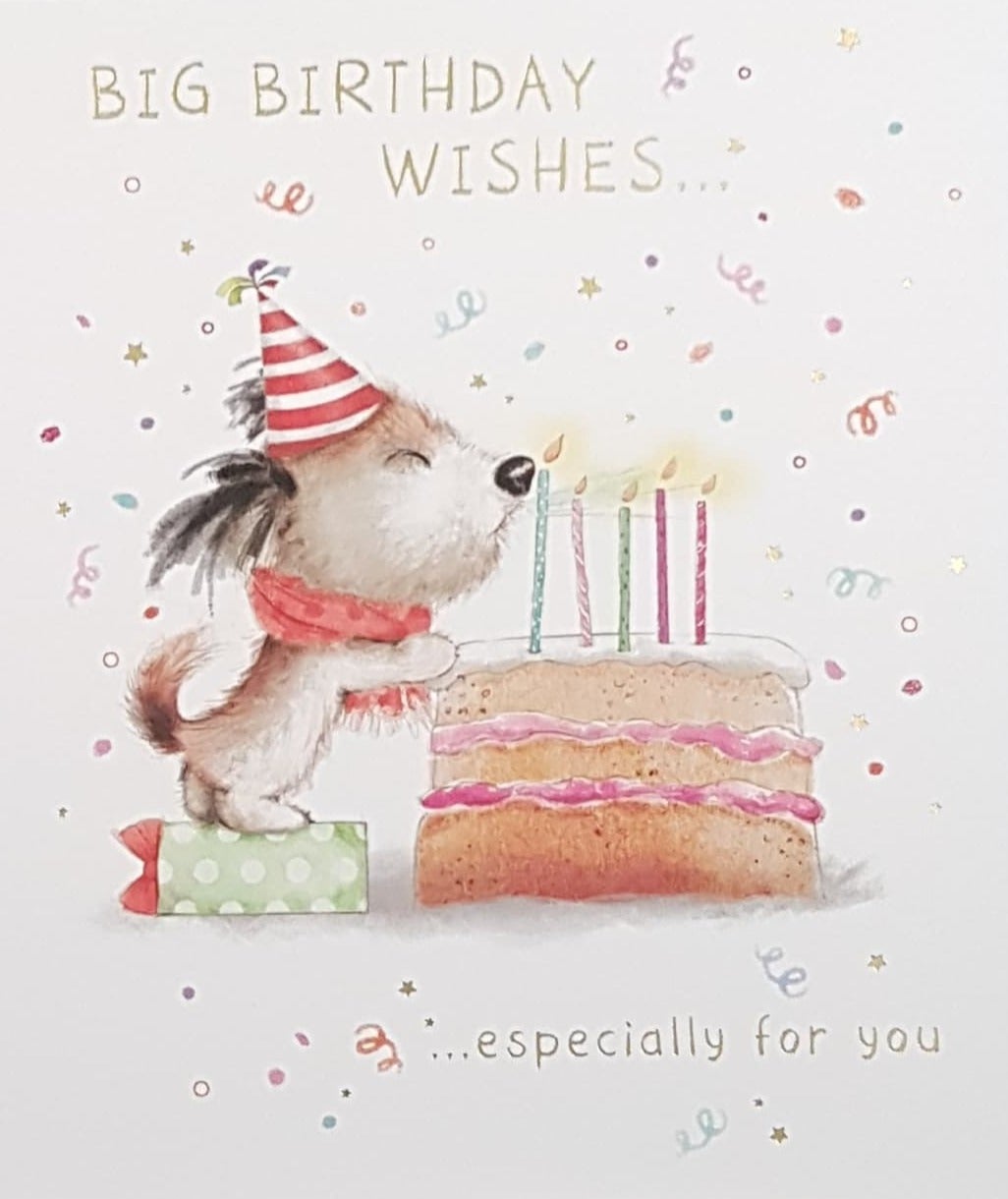 Birthday Card - A Little Puppy Standing Up Against Cake