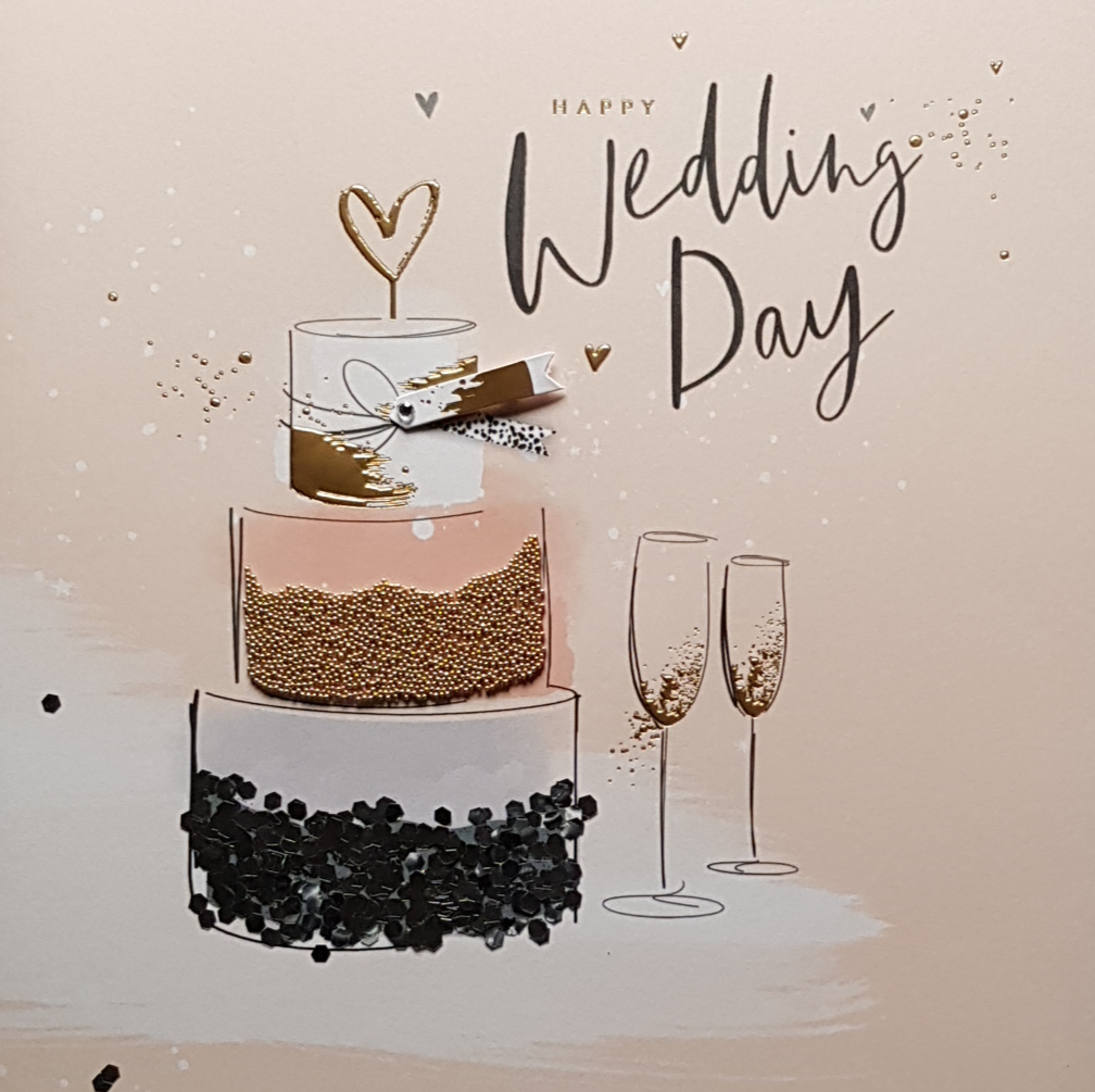 Wedding Card - Wedding Cake With A Gold Heart On Top & Champagne Glasses