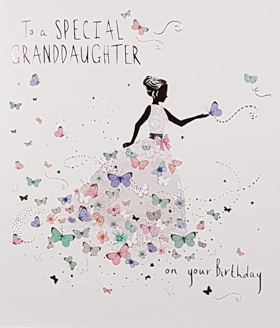 Birthday Card - Granddaughter / A Girl In A Dress & Lots Of Butterflies