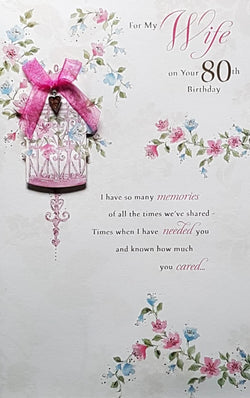 Birthday Card - Wife / A Pink Bird Cage With A Pink Bow & A Silver Heart