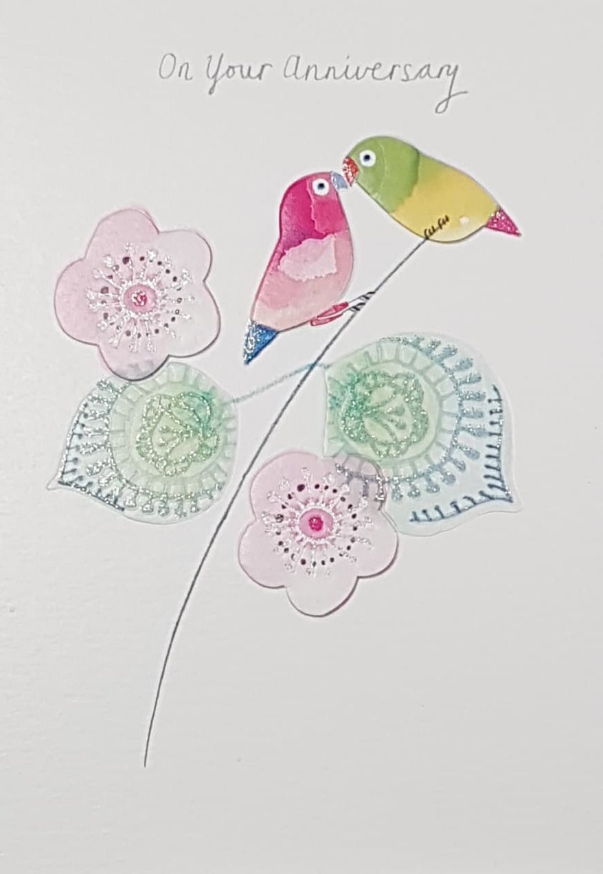 Anniversary Card - General / Pink & Green Parrots Touching Beaks
