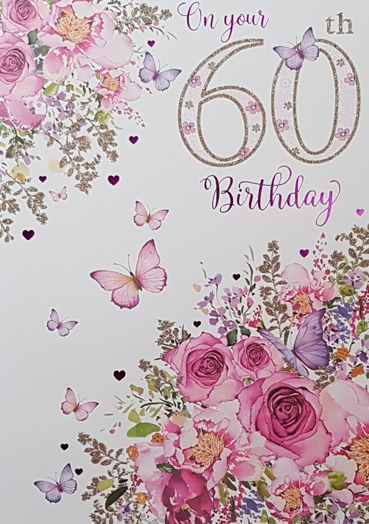 Age 60 Birthday Card - Pink Rose Bush & Butterflies