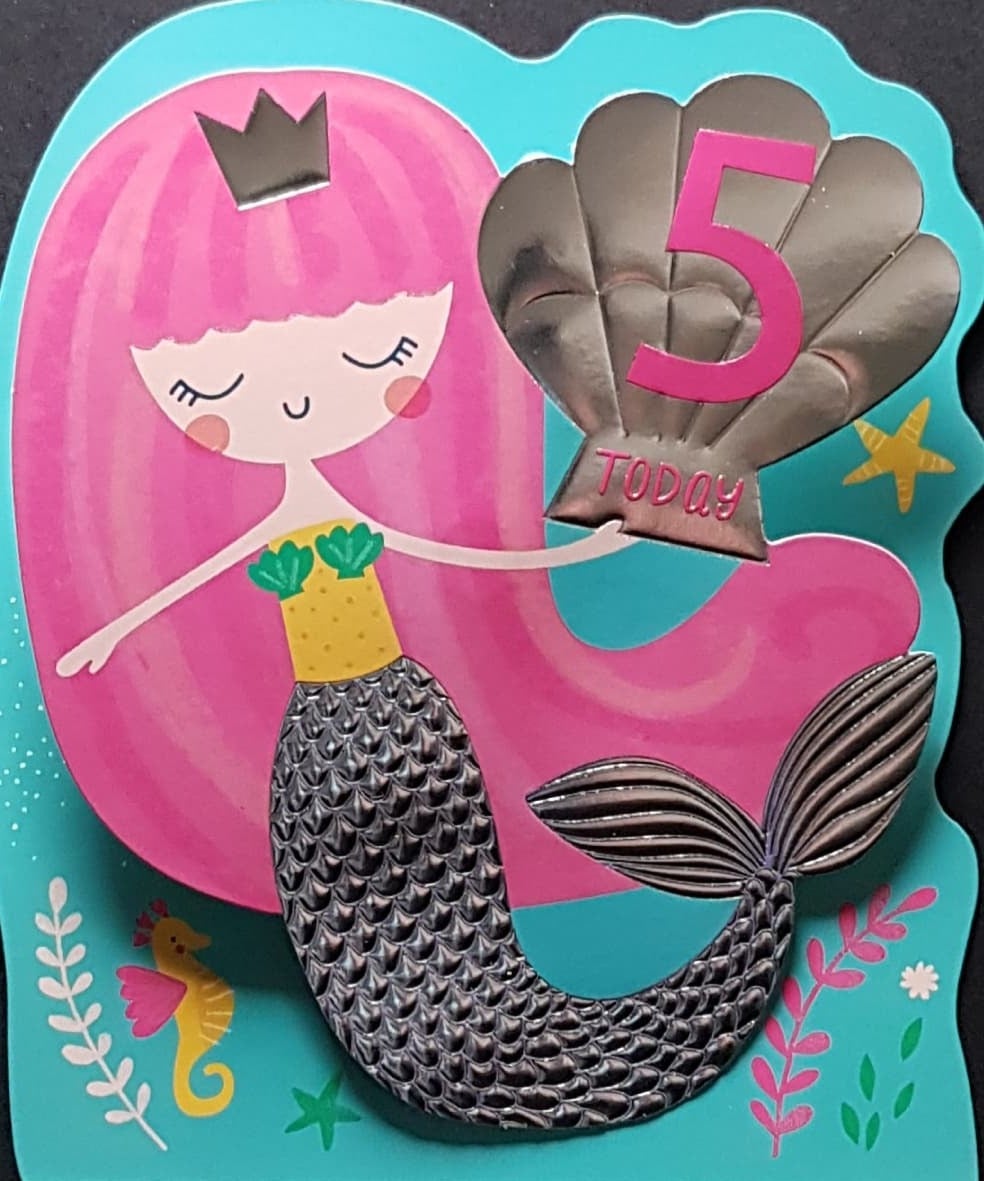 Age 5 Birthday Card - A Happy Mermaid With A Silver Crown & A Clamshell