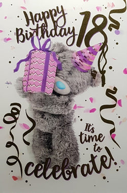 Age 18 Birthday Card - Fluffy Teddy Holding A Pink Gift Box Wearing Party Hat (3D Card)