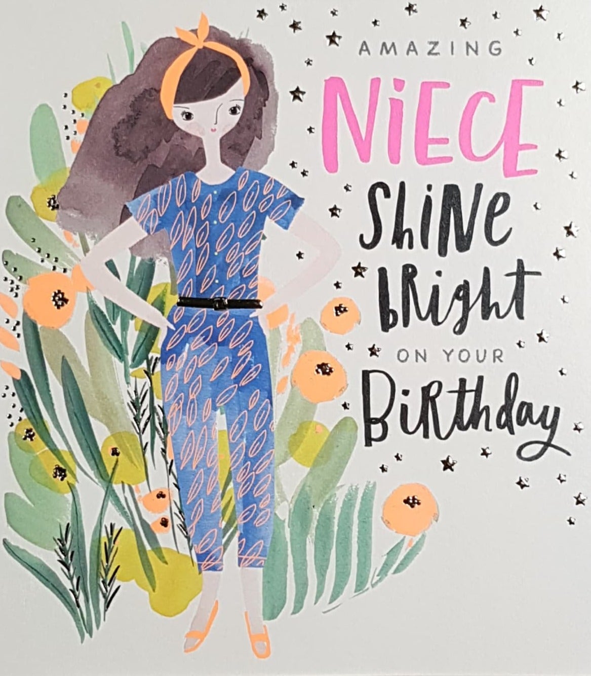 Birthday Card - Niece / Girl In A Blue Outfit & An Orange Headband & Flowers