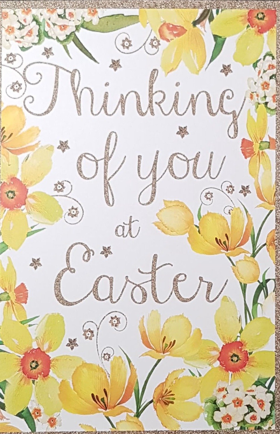Easter Card - Thinking Of You / A Beautiful Design Of Yellow Daffodils & A Brown Frame