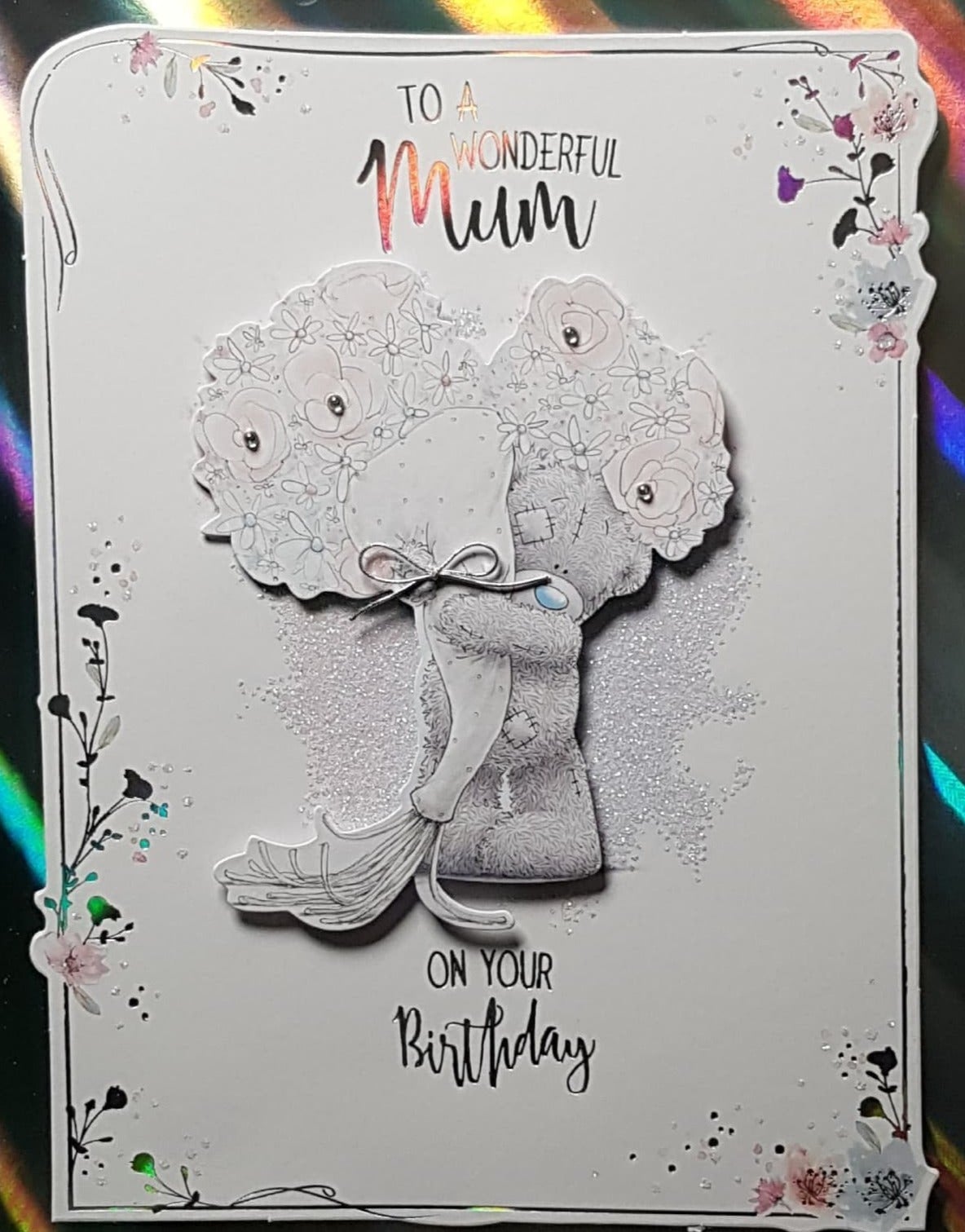 Birthday Card - Mum / A White Flowers With Silver Diamonds ( A Card In A Box)