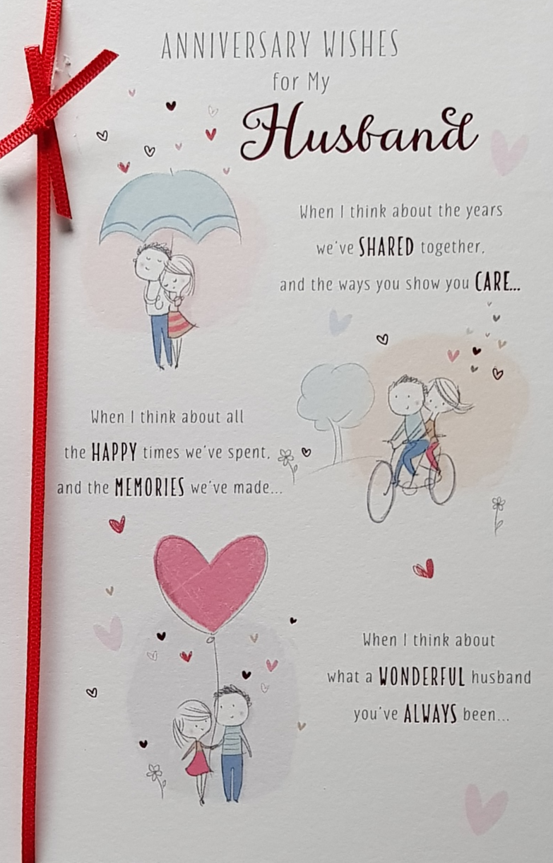 Anniversary Card - Husband / A Cute Couple Under Umbrella & Riding Bicycle