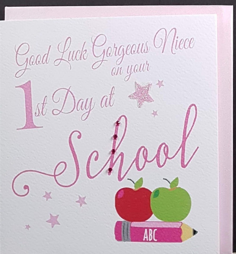 New School Card - Niece / Red And Green Apples On The Pink Crayon