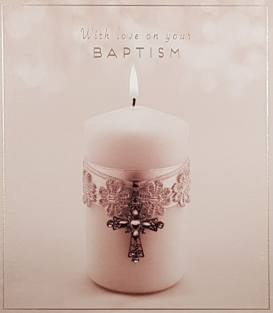 Baptism Card - General / A Lit Candle With A Cross Decoration