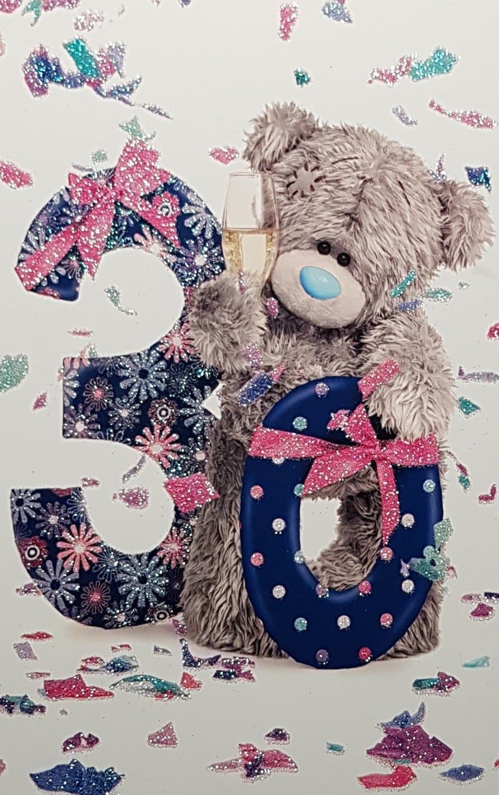 Age 30 Birthday Card - Teddy Holding Champagne & Gift-Wrapped Number 30