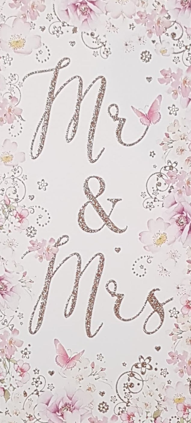 Wedding Card - Mr. & Mrs. / Pink Butterflies & Flowers