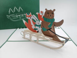 Christmas Pop Up Card - Cute Forest Animals on Sleigh Ride