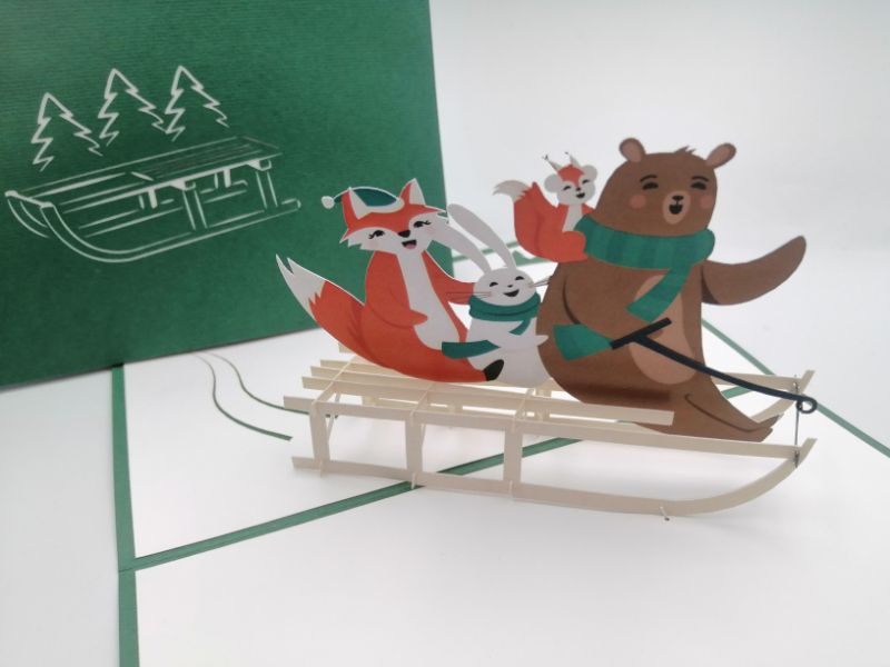 Christmas Pop Up Card - Cute Forest Animals on Sleigh Ride