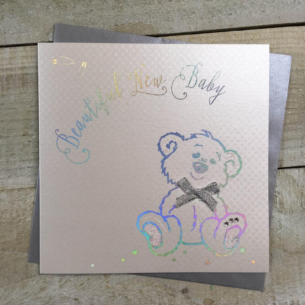 New Baby Card - Boy / Beautiful & Colourful Teddy  (Large Card)