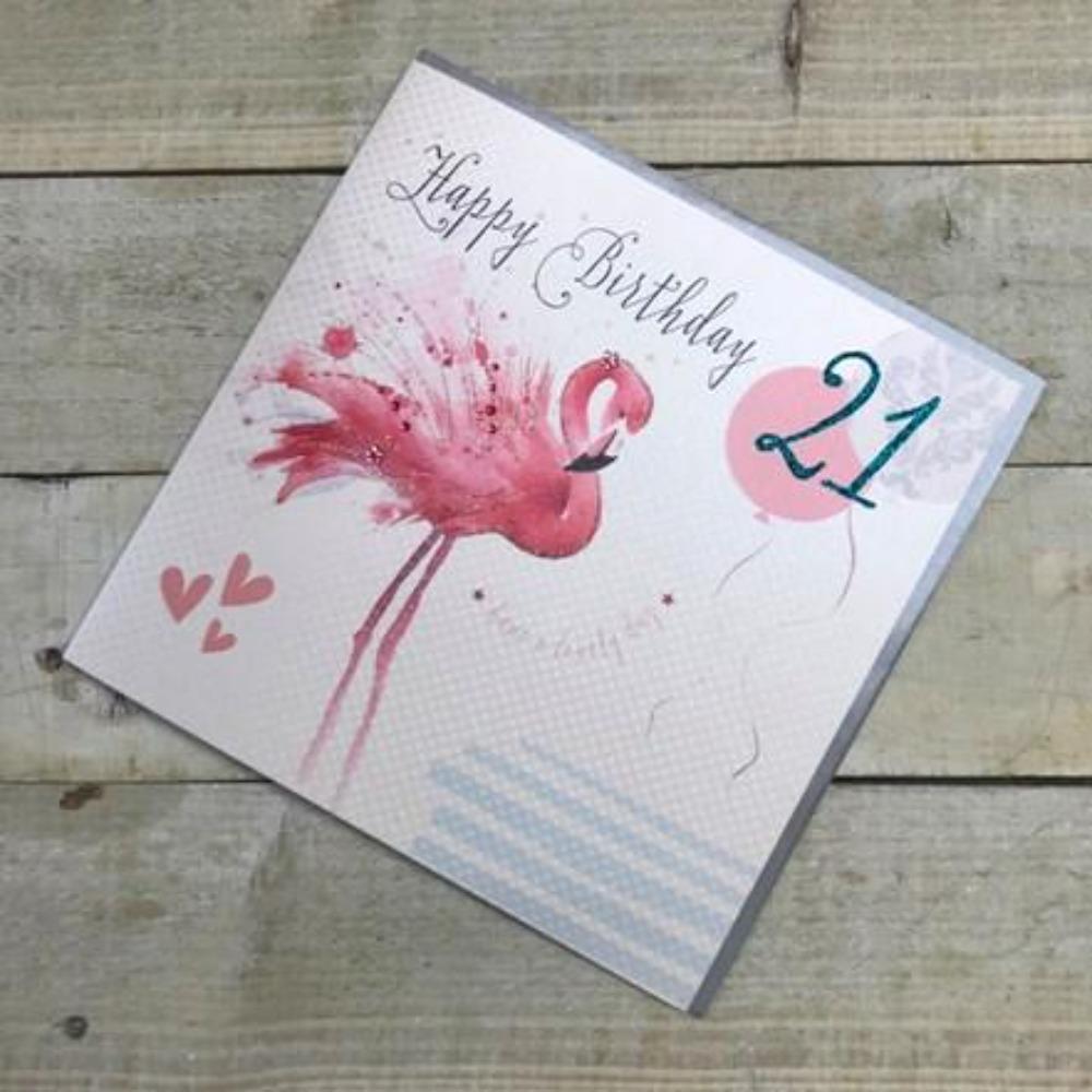 Age 21 Birthday Card - An Elegant Flamingo & Three Pink Hearts  (Large Card)
