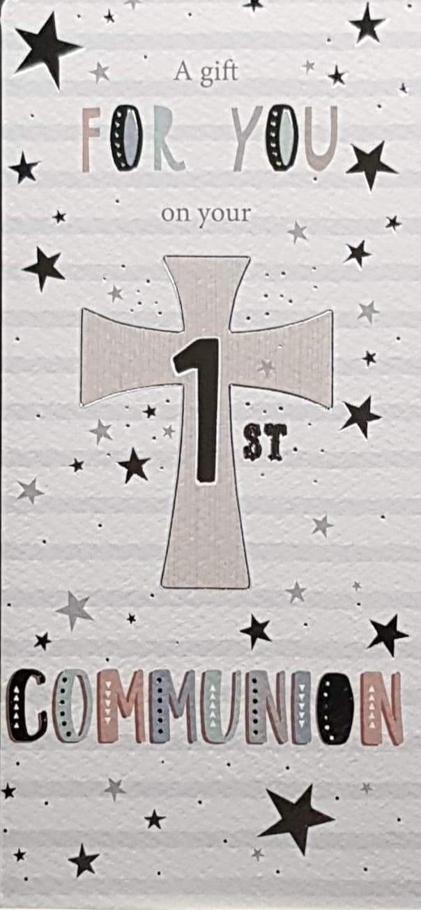 Communion Card - Gender Neutral - A Gift For You & Colourful Font, Cross & Stars