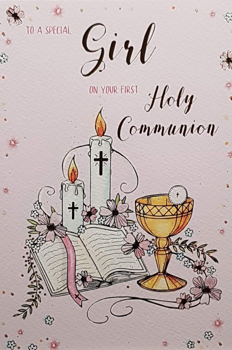 Communion Card - Girl - To A Special Girl & Chalice & Candles on Pink Background